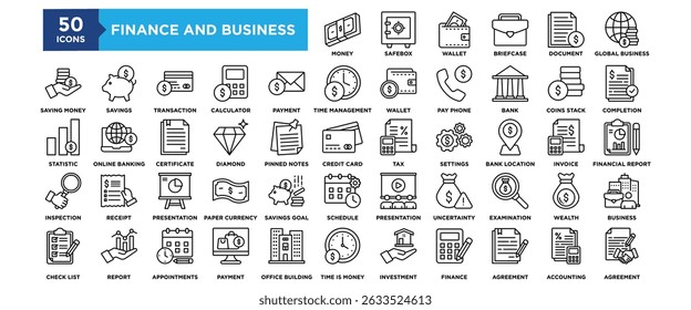 50 Conjunto de ícones Finanças e Negócios. Contendo design Dinheiro, Cofre, Carteira, Porta-arquivos, Documento