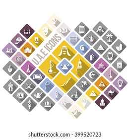 50 flat icons with long shadows United Arab Emirates. Vector illustration