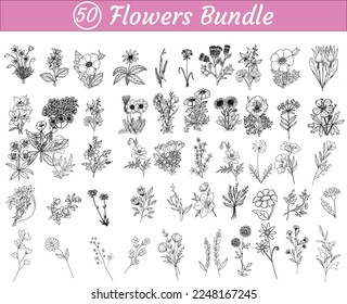 50 Flowers model Bundle. Black silhouettes of grass.  drawn with line art. Vintage flowers. Black and white illustration.