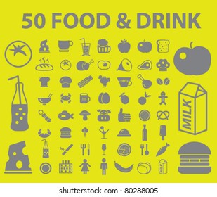 50 food & drink icons, signs, vector