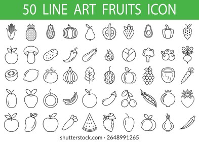 50 fruits and Vegetables Line art Icons, Food Silhouette Outline Symbols, Vegetable Vector Pack, agricultural Produce line art farm food logo