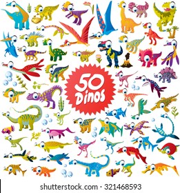 50 lustige Cartoon-Dinosaurier, einschließlich Fliege- und Meerdinos: Leguanodon, t-rex, Triceratops, Velociraptor, Plesiosaurus, Diplodocus, apatosaurus, brachiosaurus und vieles mehr in einem Kollektionsset