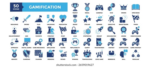 50 Gamification icon set. Containing design technology, gamification, education, strategy	