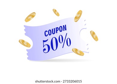 Una Plantilla de certificado de regalo del 50% con monedas de oro. Distribución especial de Cupones o vales con descuento porcentual. Ilustración vectorial