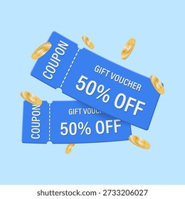 Una Plantilla de certificado de regalo del 50% con monedas de oro. Distribución especial de Cupones o vales con descuento porcentual. Ilustración vectorial