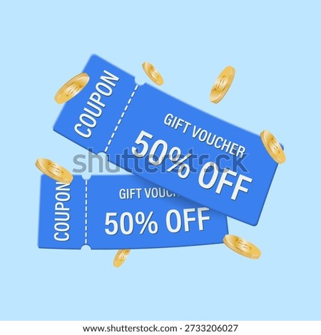 A 50% gift certificate template with gold coins. Special distribution of coupons or vouchers with a percentage discount. Vector illustration