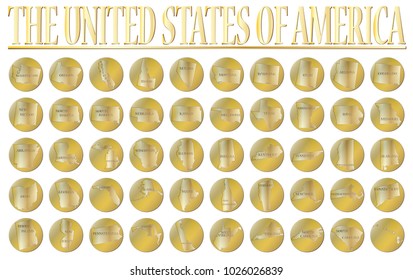 50 gold coins representing the 50 states of the USA isolated on a white background