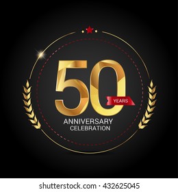 50 golden anniversary logo with red ribbon, low poly design number