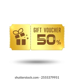 50% golden coupon promotion sale. Fifty percent Vector Gift Voucher. gold discount, lucky ticket, special offer promo. Web, shopping label, percent sign. Special price offers.