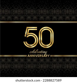 50 Golden Double Line Number. Anniversary invitation cover with glitter separated by golden double lines on a black background