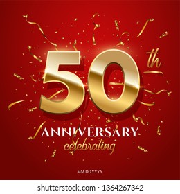 50 golden numbers and Anniversary Celebrating text with golden serpentine and confetti on red background. Vector fiftieth anniversary celebration event square template