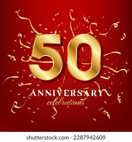 50 golden numbers and anniversary celebrating text with golden confetti spread on a red background