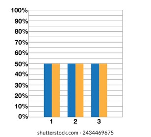 50% graph with double bars. Demonstrative design and statistics. Data collection and financial investments