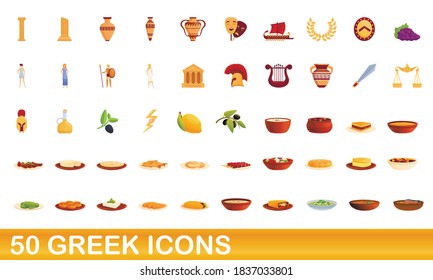 50 greek icons set. Cartoon illustration of 50 greek icons vector set isolated on white background