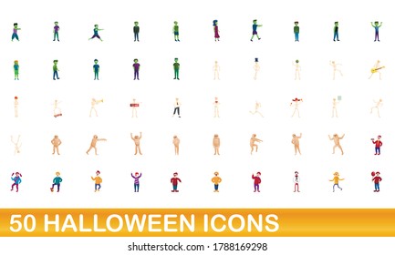 50 iconos de halloween. Ilustración de dibujos animados de 50 iconos de halloween conjunto de vectores aislados en fondo blanco