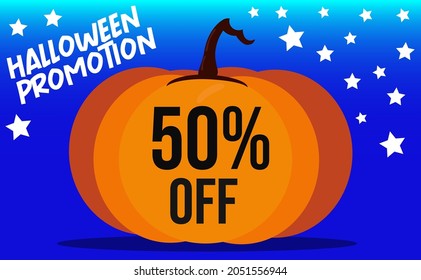 50% Halloween promotion with pumpkin and stars