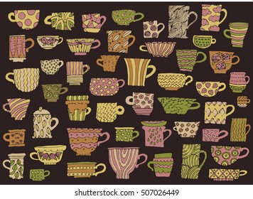 50 hand drawn doodle vector cups. set of various colorful tea cups with different ornaments and textures.isolated on black background.