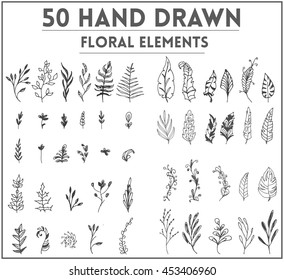 50 Hand Drawn Floral Vector Elements. Decor set.