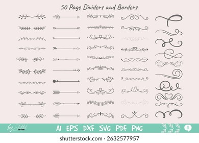50 Hand-Drawn Elegant Page Dividers and Borders – Floral Arrows  Swirl Design Elements for Invitations, Scrapbooking, and Graphic Design
