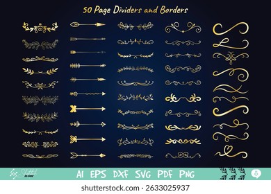 50 Hand-Drawn Elegant Page Dividers and Borders – Floral Arrows and Swirl Design Elements for Invitations, Scrapbooking, and Graphic Design

