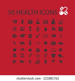 50 health, medicine, doctor icons, signs, illustrations, silhouettes set, vector