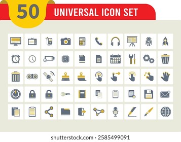 50 icon collection. Editable flat art vector icons. Small user interface flat icon symbols for apps and websites