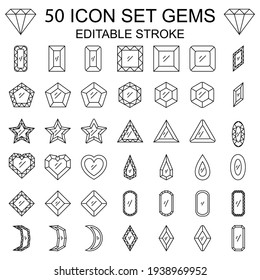 50 Icon Set Gems With Outline Style. Editable Stroke.