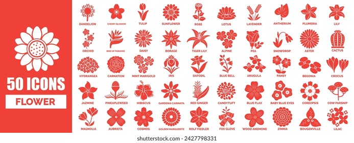 50 icono de la silueta de la flor con nombres	
