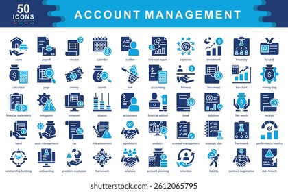 50 icons focused on account management, covering finance, reporting, planning, and client relations. Perfect for business, HR, auditing, and financial service applications.