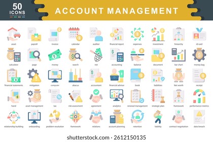 50 icons focused on account management, covering finance, reporting, planning, and client relations. Perfect for business, HR, auditing, and financial service applications.