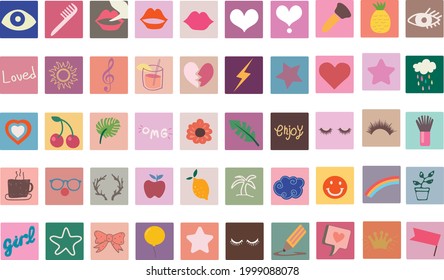 50 icons stickers for a planner, web, applications. Illustrated Stickers set.