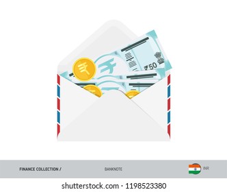 50 Indian Rupee Banknote. Flat style opened envelope with cash. Indian Rupee banknotes and coins. Salary payout or corruption concept.