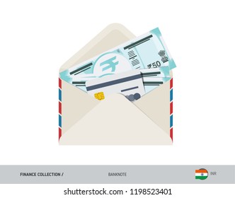 50 Indian Rupee Banknote. Flat style opened envelope with cash. Indian Rupee banknotes and credit card. Salary payout or bank transaction concept.