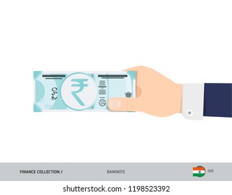 50 Indian Rupee Banknote. Hand gives money. Flat style vector illustration. Salary payout or corruption concept.