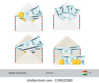 50 Indian Rupee Banknote. Set of flat style opened envelopes with cash. Isolated white paper envelope with moneys. Finance concept.