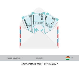 50 Indian Rupee Banknotes in envelope. Flat style opened white envelope with cash. Salary payout or corruption concept.