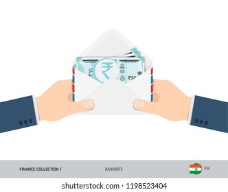 50 Indian Rupee Banknotes in envelope hold in hand. Flat style opened white envelope with cash. Salary payout or corruption concept.