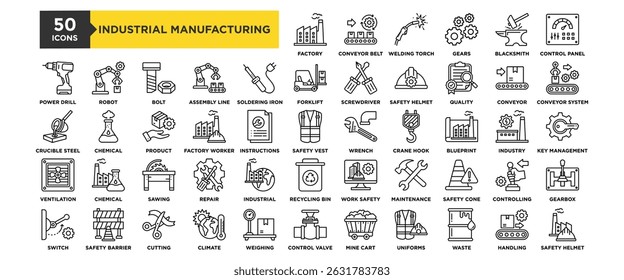 50 Industrial Manufacturing icon set. Containing design industry, technology, manufacturing, factory, industrial	