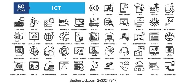 50 Conjunto de iconos de Tecnología de información y comunicación. Contiene tecnología de diseño, comunicación, red, digital, información, internet	