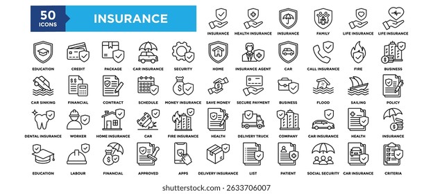 50 Conjunto de iconos de seguros. Diseño que contiene Seguro, Salud, Familia, Seguro de Vida