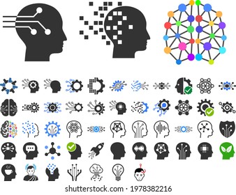 50 intellect icons in flat style. 50 intellect icons is a vector icon set of brain, AI, logic, memory, analytics, strategy symbols. These simple symbols designed for education and artificial