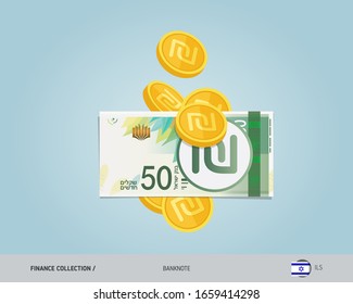 50 Israeli New Shekel banknote with flying coins. Flat style vector illustration. Finance concept.