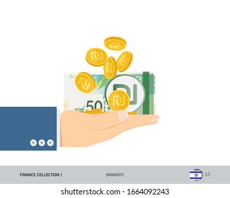 50 Israeli New Shekel banknote and coins in the palm of hands. Flat style vector illustration. Finance concept.