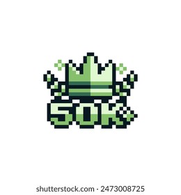 50 k pixel art icon, crown, medal, stamp emblem subscribers, likes. Best sale, certificate. Sticker design. 8-bit sprites. Isolated vector illustration. Old school computer graphic style. 