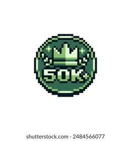 50 k pixel art icon, crown, medal, stamp emblem subscribers, likes. Best sale, certificate. Sticker design. 8-bit sprites. Isolated vector illustration. Old school computer graphic style.
