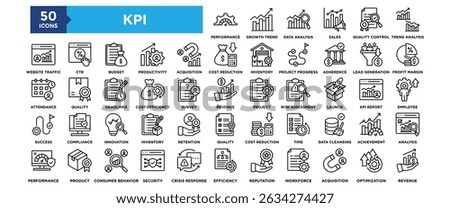 50 Key Performance Indicators icon set. Containing design performance, indicator, management, strategy, kpi	