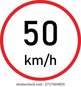 Sinal de trânsito de limite de velocidade de 50 km/h com círculo vermelho sobre fundo branco - Símbolo de regulamentação da velocidade de estrada, sinalização de restrição de velocidade máxima, aviso de regra de segurança e transporte de condução, ícone de controle de velocidade urbana e urbana para gerenciamento de tráfego e conscientização de segurança rodoviária.
