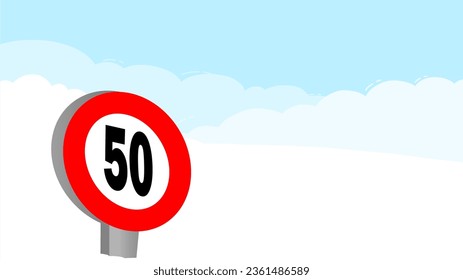 50 kmh Régimen Límite de velocidad etiqueta de la señal de destino ilustración vectorial con cielo azul y fondo de nube blanca