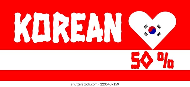 50% Korean sign label vector art illustration with white font, blue color, and red background with heart shape. Banner template design for social media and website.