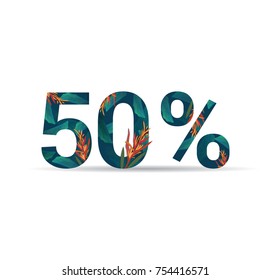 50% lettering handmade with leaves and flower tropical decoration. For Sale discount, Poster Banner Background, Sign and symbol. Luxury unique style, Green color, Vector illustration